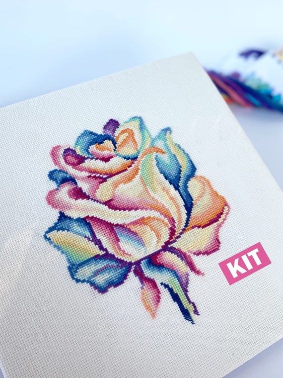 Cross stitch KIT: Rose, Flowers, Summer, Plant, Rainbow, Mandala, Beginner,  Modern, DIY, Needlepoint, Embroidery,  Geometric, Gift for mom