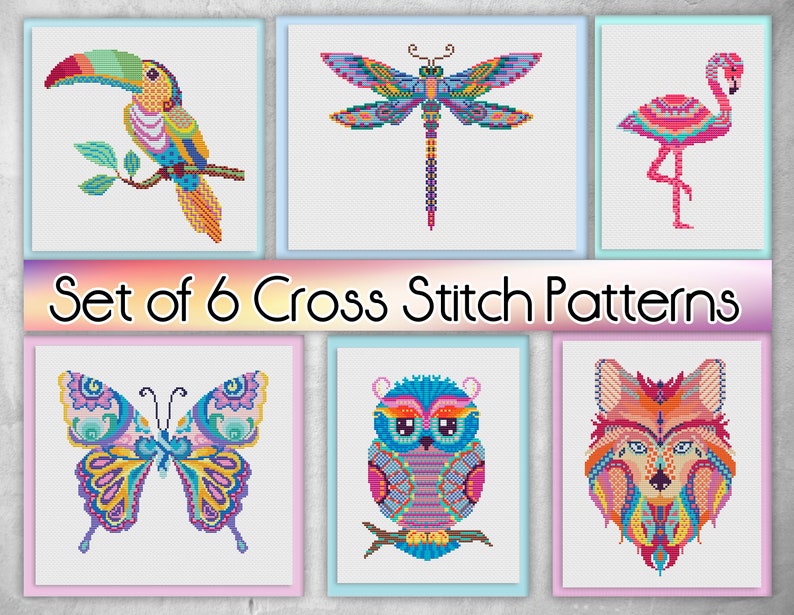 May include: A collection of six cross stitch patterns showcasing vibrant designs of a toucan, dragonfly, flamingo, butterfly, owl, and fox. Each design is framed and set against a light backdrop. The text "Set of 6 Cross Stitch Patterns" is visible.