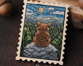 Cross stitch KIT: Autumn stamp bear, Cozy Fall leaves, Small Stamp, Tarvel mountains , Nature trees, Landscape forest, Beginner diy