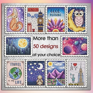 May include: A collection of 50 cross-stitch designs featuring various themes, including animals, travel, and cityscapes. The designs are presented in a vintage postage stamp style with colorful details.