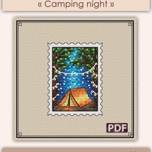 Petit modèle de point de croix : Mini tampon PDF, Nuit en camping, Voyage, Été, Étoiles, Lune, Feu, Moderne, Nature, Cadeau pour amis, S-135