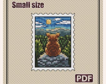 Small cross stitch pattern: Nature Bear , Mountains landscape, Cozy Small Stamp, Forest, Needlepoint card, Beginner diy, Pattern PDF, S-155