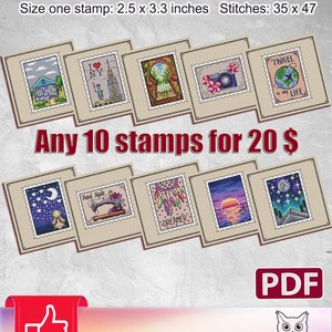 May include: A digital download of 10 cross stitch patterns, each measuring 2.5 x 3.3 inches. The patterns feature various designs, including a house, a heart with "I NY" on it, a keyhole, a camera, a globe with "Travel is my life" on it, a sewing machine, a dreamcatcher, a sunset, and a mountain scene. The patterns are available for $20.