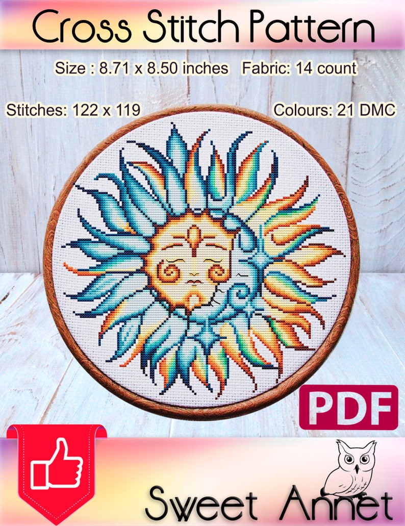 May include: Cross stitch pattern for a sun with a face, surrounded by blue and yellow rays. The pattern is 8.71 inches by 8.50 inches and uses 21 DMC colours. The pattern is in a wooden embroidery hoop.