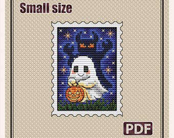 Small cross stitch pattern: Halloween Ghost, Fall Pumpkin, Cozy Small Stamp, Autumn, Needlepoint card, Beginner diy, Pattern PDF, S-160