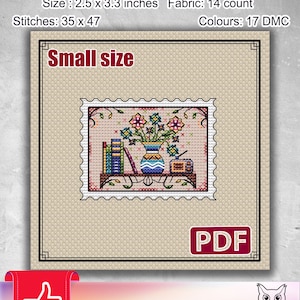 May include: Cross stitch pattern for a small size floral arrangement with books, a vase, and a radio on a shelf. The pattern is 2.5 x 3.3 inches and uses 17 DMC colors. The pattern is labeled "Small size" and "PDF".