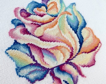 Patrón de punto de cruz para principiantes: Flores, Rosa, Fácil, Diseño, Contado, PDF, Gráfico, Moderno, Arcoíris, Planta, Verano, Primavera, Mandala, Floral