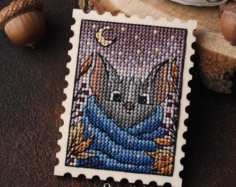 Cross stitch KIT: Halloween But, Fall Leaves, Cozy Small Stamp, Primitive Pattern, Needlepoint card, Stitch blank, Beginner diy, Pattern PDF