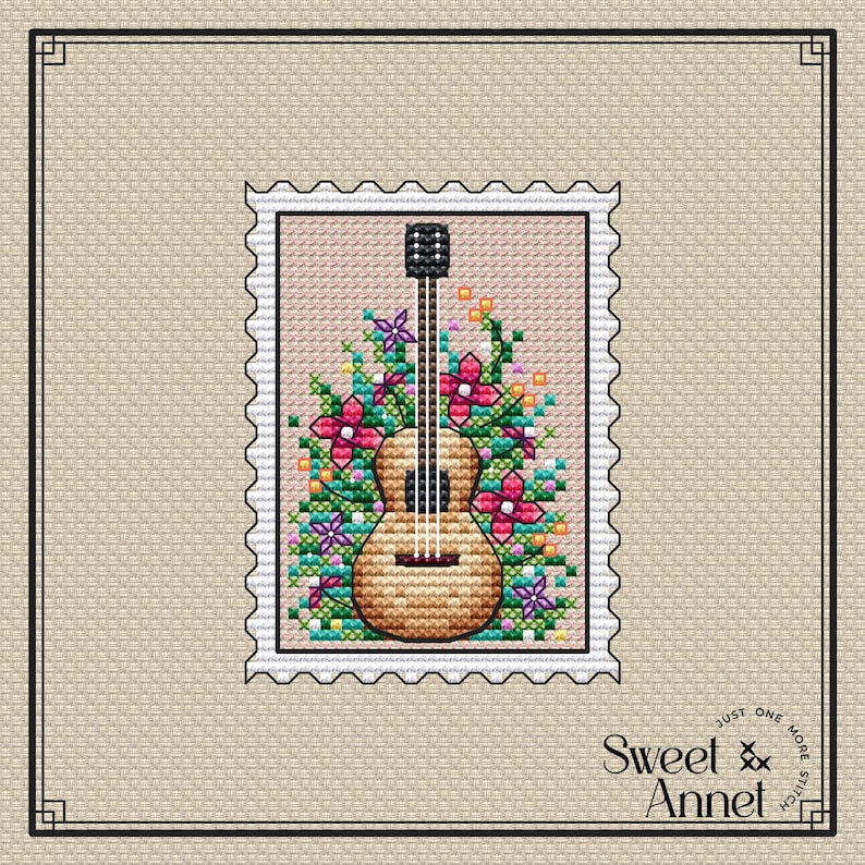 May include: A cross-stitch pattern featuring a brown acoustic guitar with a floral design. The guitar is surrounded by pink, red, and green flowers. The pattern is framed by a white border with a decorative edge.