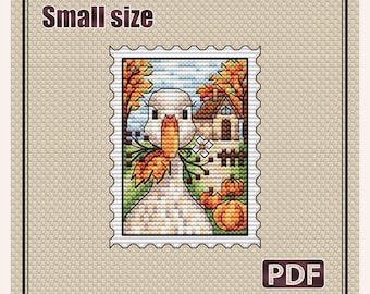 Small cross stitch pattern: Autumn Goose, Fall Leaves, Cozy Small Stamp, Pumpkin, Nature trees, Landscape forest, Beginner diy PDF, S-159