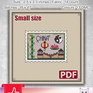 May include: Cross stitch pattern for a small size stamp with the word "CHINA" and a red lantern, a lotus flower, and a yin yang symbol. The pattern is 2.5 inches by 3.3 inches and uses 13 colors of DMC floss.