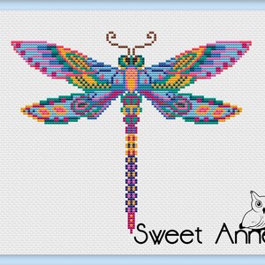 May include: A cross-stitch design of a dragonfly, featuring a vibrant palette of blues, pinks, yellows, and greens. The dragonfly's wings and body are intricately detailed. The text "Sweet Annet" is displayed at the bottom of the image.