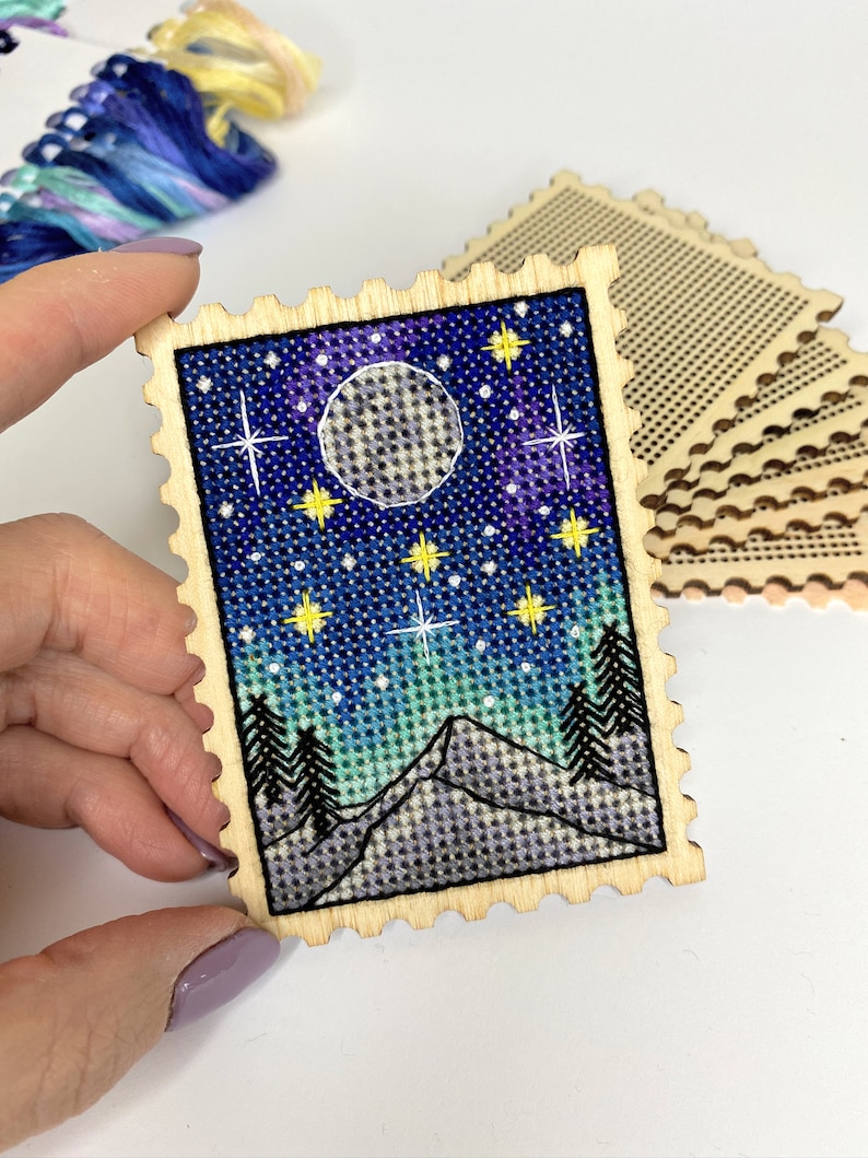Small cross stitch pattern: Stamp, Moon, Star, Mountain, Northern lights, Simple, PDF, Landscape, Modern, Space, Mini, Nature, Camping,S-017 image 4