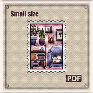 Padrão pequeno de ponto cruz: carimbo de livros e gatos, padrão em mini PDF, design de marcador de página, cartões-presente de flores de plantas, design de marcador de página, S-144