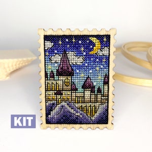 Cross stitch KIT: Magic School, Fairytale Castle, Small, Stamp, Primitive, Cards, Blank, Diy, Beginner, Counted, Wizard, Modern, Witch