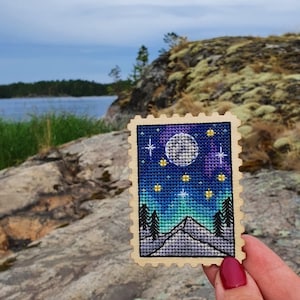 Small cross stitch pattern: Stamp, Moon, Star, Mountain, Northern lights, Simple, PDF, Landscape, Modern, Space, Mini, Nature, Camping,S-017 image 5