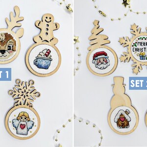 Cross stitch KIT: Christmas mini hoops, Small wooden blank, Balls, Baubles, Gift, Santa, Snowman, Tree, Blank, Pattern, Cards, DIY, Winter SET 1 + SET 2 + PDF