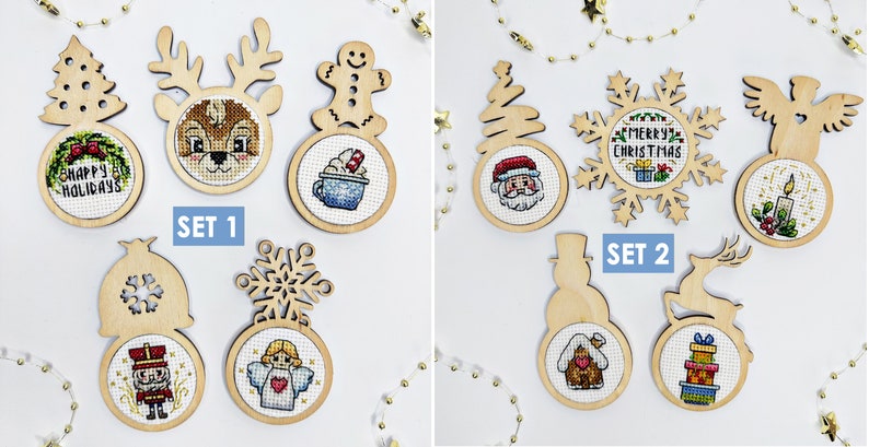 Cross stitch KIT: Christmas mini hoops, Small wooden blank, Balls, Baubles, Gift, Santa, Snowman, Tree, Blank, Pattern, Cards, DIY, Winter SET 1 + SET 2 + PDF