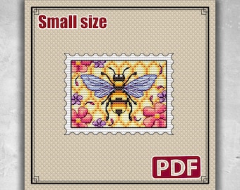 Small cross stitch pattern: Bee, Flowers, Summer, Stamp, Plant, Spring, Mini, Plastic canvas, Fairy, Pdf, Insect, Modern, Funny, Cute, S-093