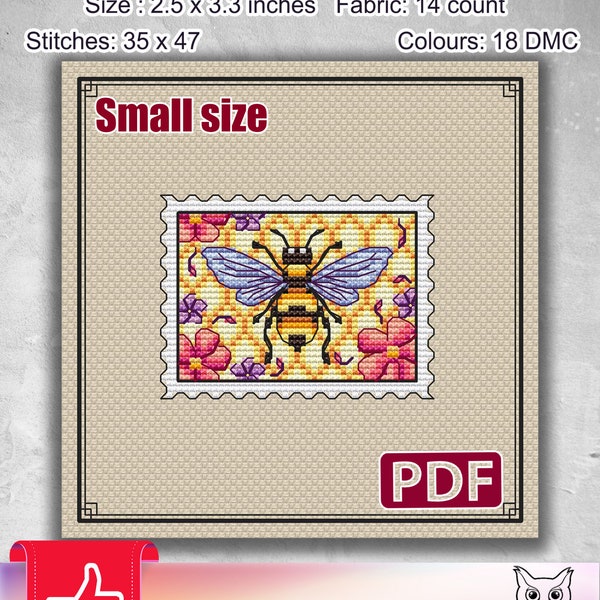 Small cross stitch pattern: Bee, Flowers, Summer, Stamp, Plant, Spring, Mini, Plastic canvas, Fairy, Pdf, Insect, Modern, Funny, Cute, S-093
