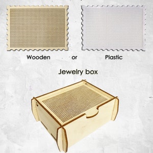 May include: Two wooden stamps with a grid pattern, one with a white background and one with a natural wood background. A wooden jewelry box with a grid pattern lid.