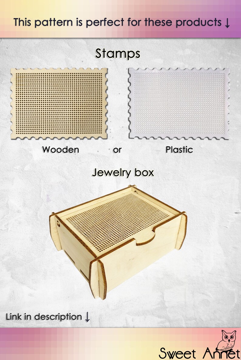 May include: Two wooden stamps with a grid pattern, one with a white background and one with a natural wood background. A wooden jewelry box with a grid pattern lid.