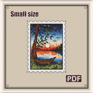 Petit modèle de point de croix : Tampon Coucher de soleil au bord de la rivière, Mini modèle PDF, Motif nature, Cartes cadeaux d'été, Voyage, Paysage, Camping, S-143