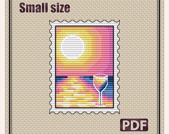 Cross stitch pattern, Cross stitch sunset, Cross stitch design, Modern cross stitch, Stamp cross stitch, Cross stitch sun, Wine, S-001
