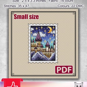 Small cross stitch pattern: Magic School, Fantasy, Castle, Kingdom, Wizard, Winter, Christmas, Stamp, Cards, Tags, Letter, Blank, PDF, S-107