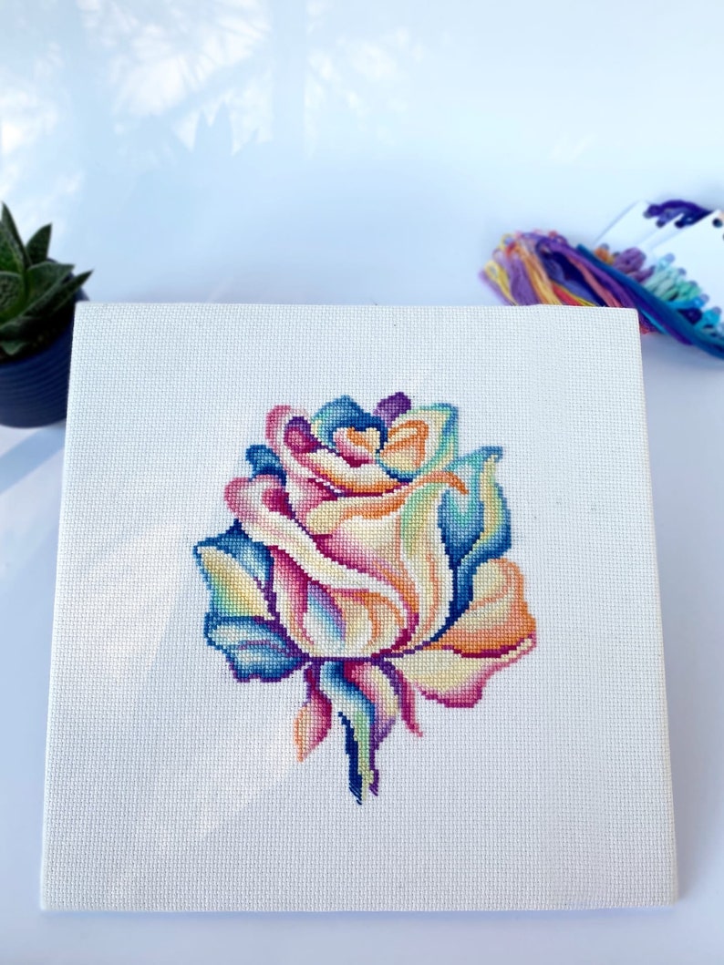 Cross stitch KIT: Rose, Flowers, Summer, Plant, Rainbow, Mandala, Beginner, Modern, DIY, Needlepoint, Embroidery, Geometric, Gift for mom image 2