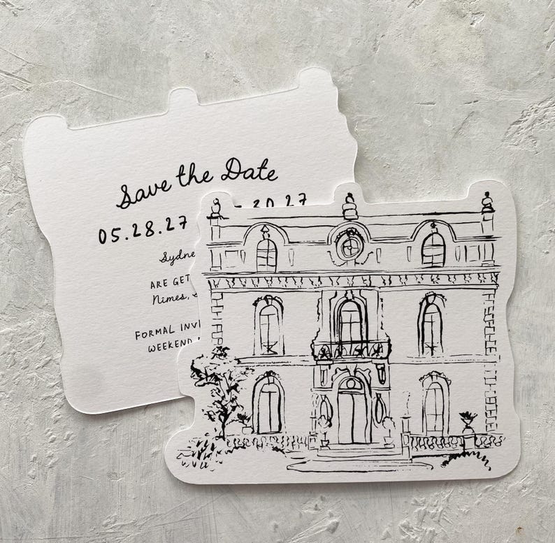 May include: Two white, uniquely shaped cards. One card features the text "Save the Date" and the date "05.28.27". The other card has a black and white line drawing of a building. The cards are for a formal invitation weekend.