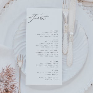 Stylowa karta menu na kolację - Karta menu weselnego - Spersonalizowane menu na kolację - Nakrycie stołu weselnego - Wydrukowane