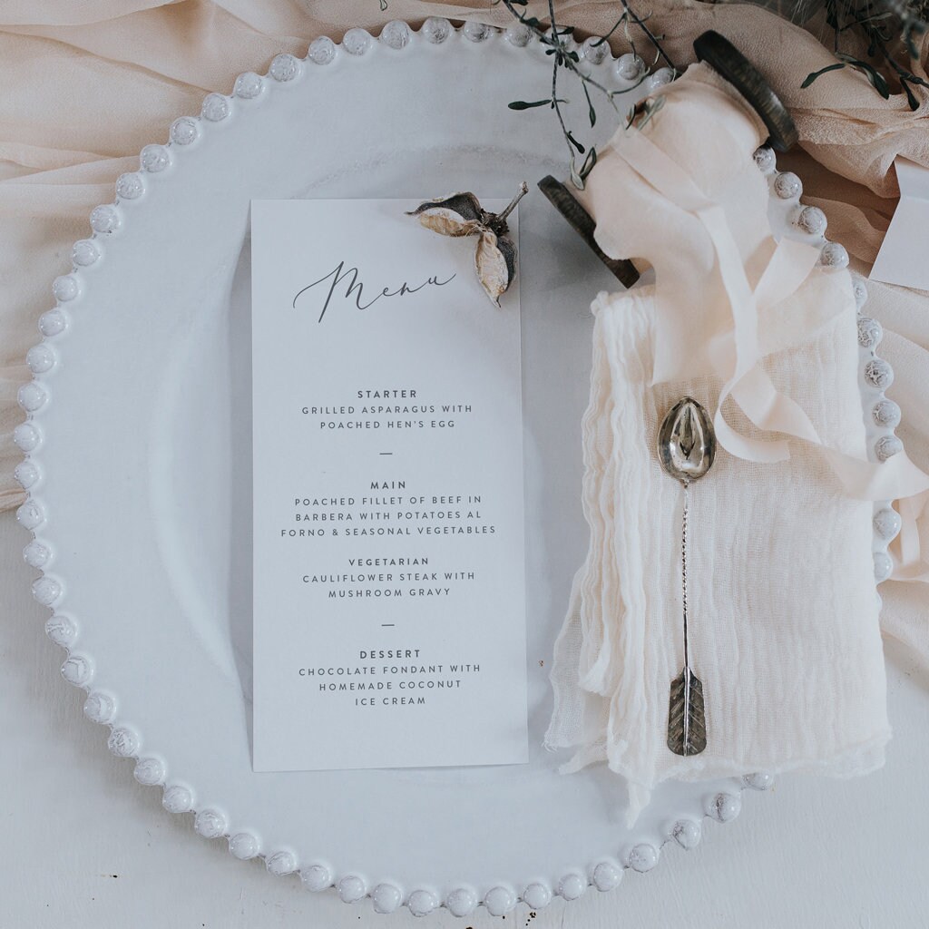 Wedding Menu Cards With Calligraphy Style Font - Place Setting Printed Dinner Meal Options