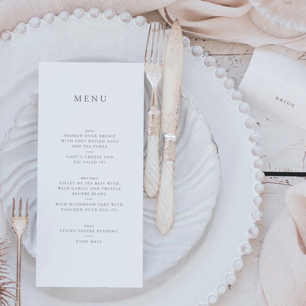 Printed Elegant Menu Card For Decorating Your Wedding Dining Table. Personalised Cards