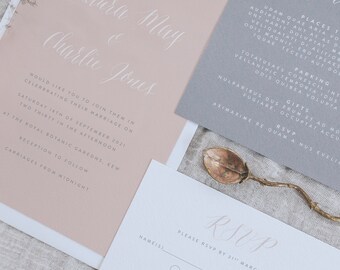 Blush and Grey Calligraphy Style Modern Invitation Set - Simple Wedding Invitation Set - Printed