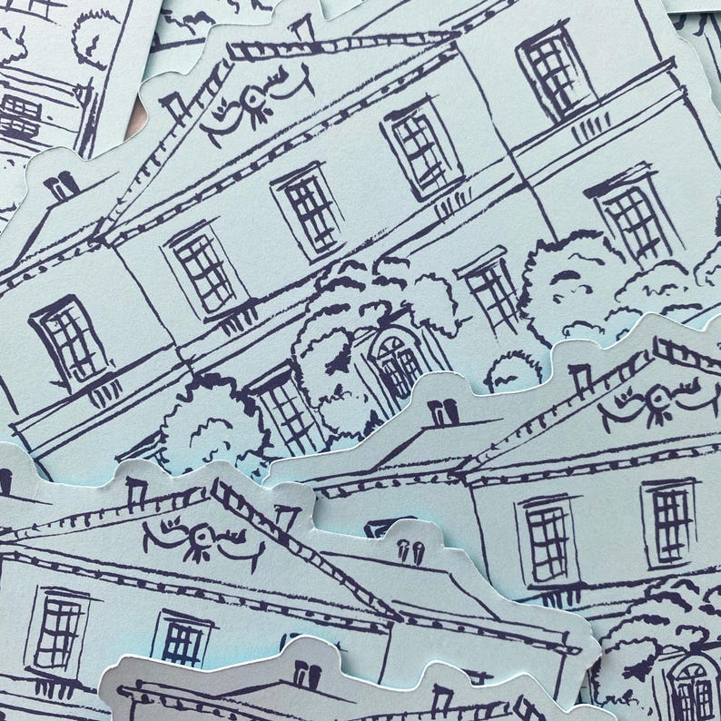 May include: A collection of light blue die-cut stickers featuring a detailed black and white illustration of a stately building with multiple windows, a decorative roof, and surrounding trees. The stickers are scattered across the image.