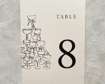 Elegant Champagne Tower Wedding Table Numbers | Table Name Cards