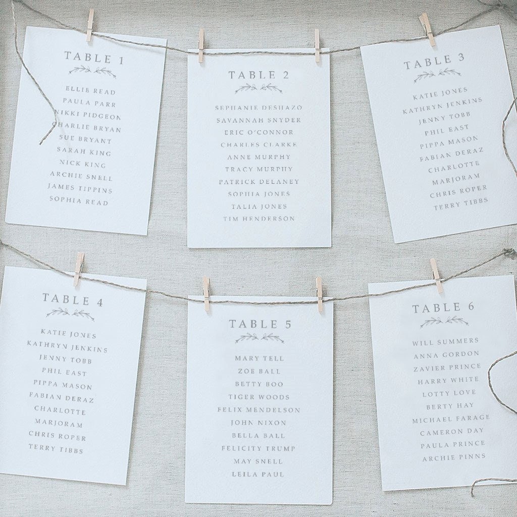 Table Plan Cards - Seating Chart Postcards