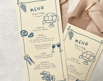 Menú de boda original / Menú dibujado a mano / Papelería para cenas / Tarjetas de menú únicas / Decoración para la recepción de boda
