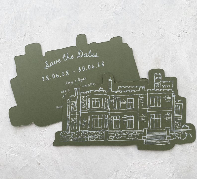 May include: Olive green 'Save the Dates' cards with a white illustration of a stately home. The cards are die-cut in a unique shape. Text on the card reads 'Save the Dates' and the wedding date.