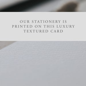 May include: Close-up of a textured white card with the text "OUR STATIONERY IS PRINTED ON THIS LUXURY TEXTURED CARD".