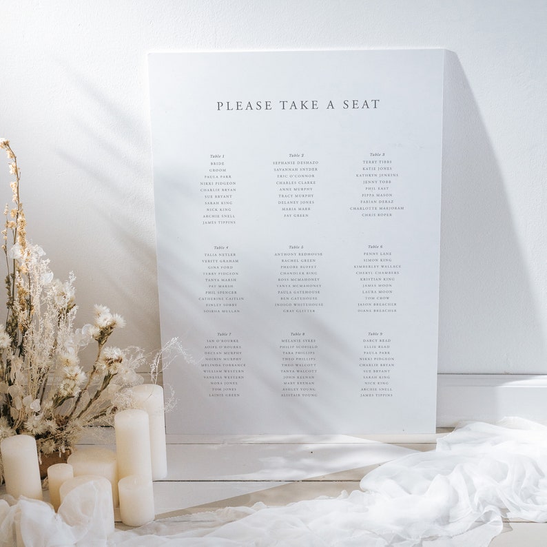 Elegantly Simple Table Plan Seating Chart featuring Calligraphy Style Fonts Wedding Seating Plan image 8