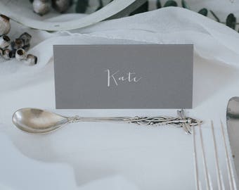 Grey table name cards - white ink place cards