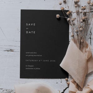 Schwarze Save the Date Karte | Modern Save the Dates | Hochzeit Briefpapier | Einfarbige Hochzeit
