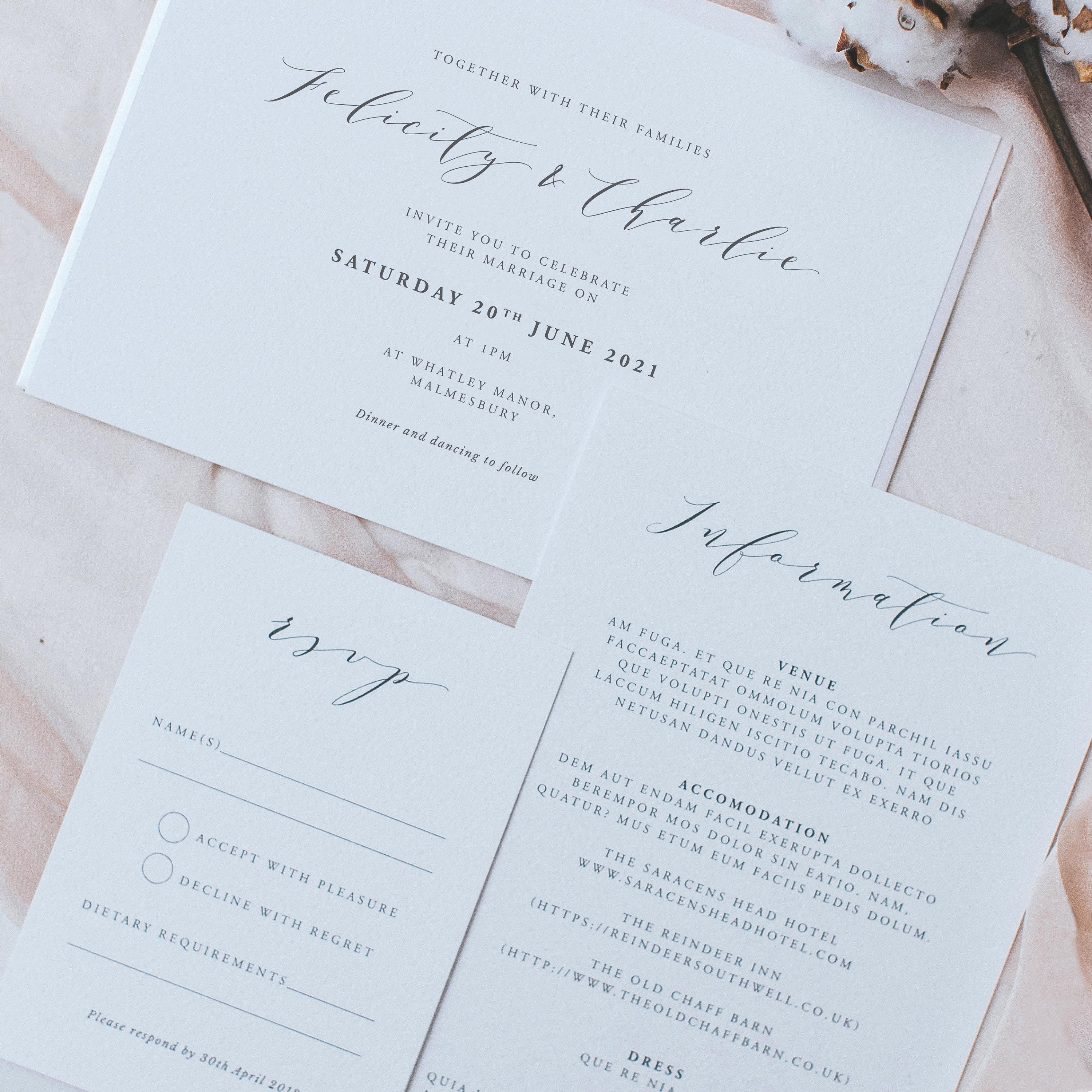 Beautiful & Sophisticated Wedding Invitation Suite With Script Calligraphy Classic Fonts - Invite, Information Card, Rsvp & Envelope