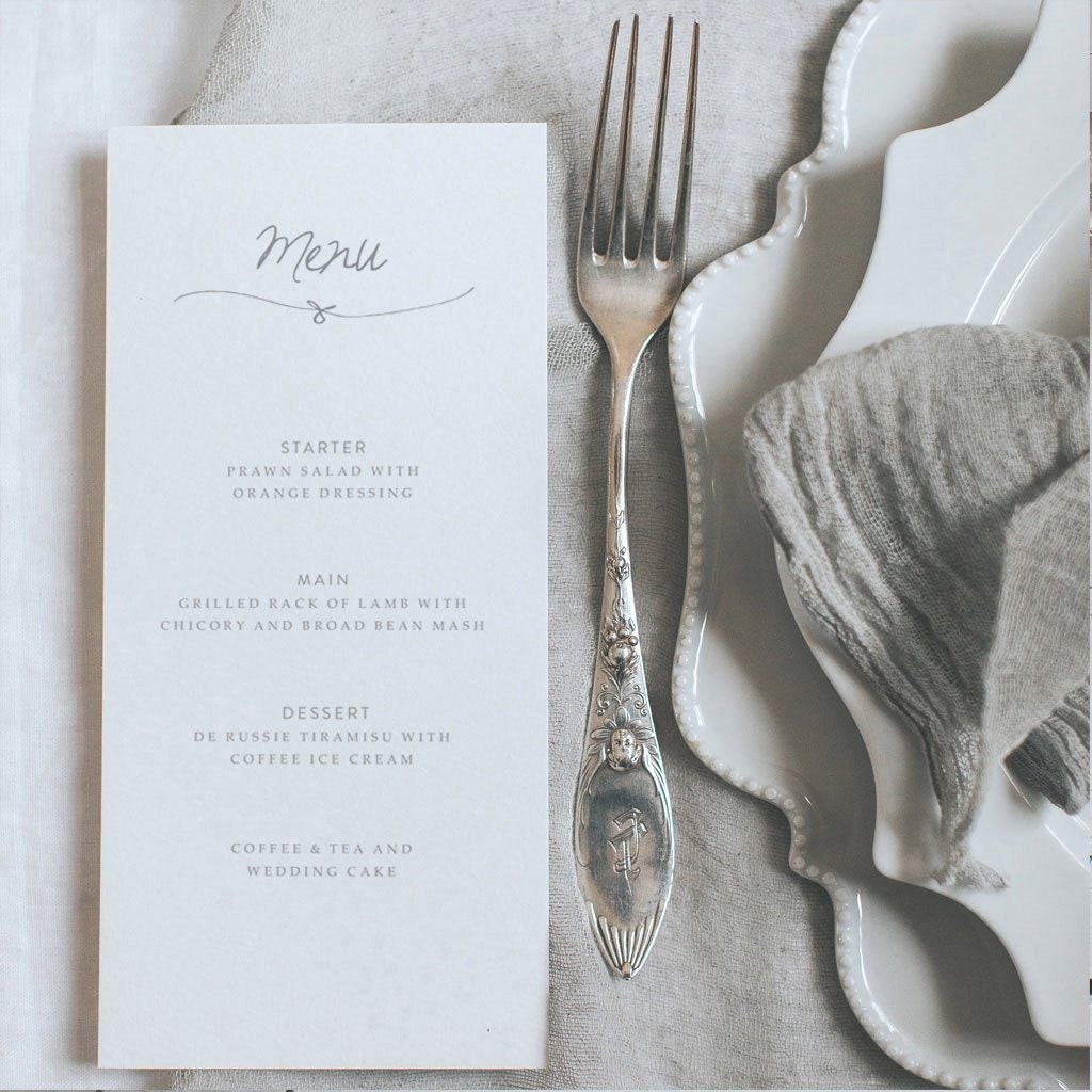 Wedding & Event Menu Card. Personalised Dinner Menu. Place Setting With Knot Illustration Detail