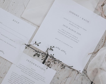 Modern Square, Simple Boho Printed Wedding Invitation Set - Includes Wedding Invitation, Information Card, RSVP and Envelope.