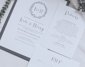 Calligraphy and floral wreath detailed wedding invitation suite - Wedding Stationery with Invite, Information Card, RSVP & Envelope