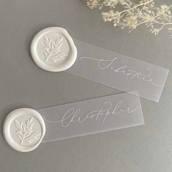 wedding name tags - vellum place name tags - transparent name tag