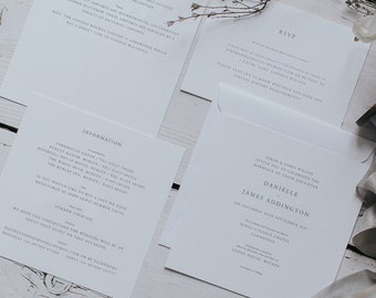 Classically Elegant Square Printed Wedding Invitation Set - Wedding Stationery with Invite, Information Card, RSVP & Envelope.